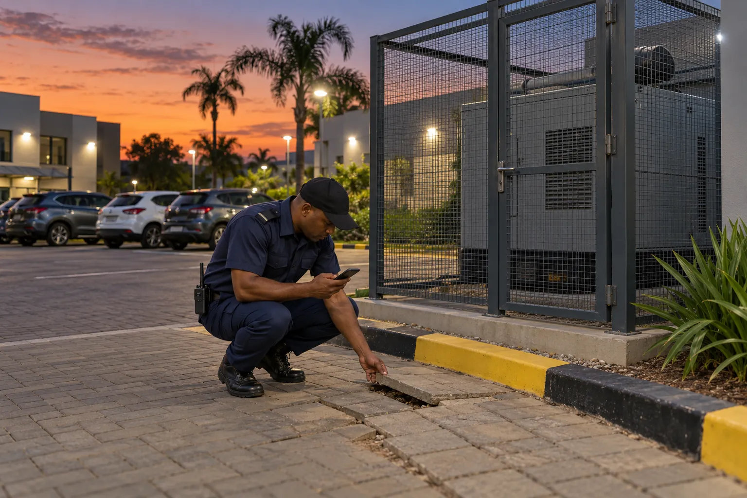 A security officer crouching to look at a cracked paving slab beside a generator enclosure at dusk.
