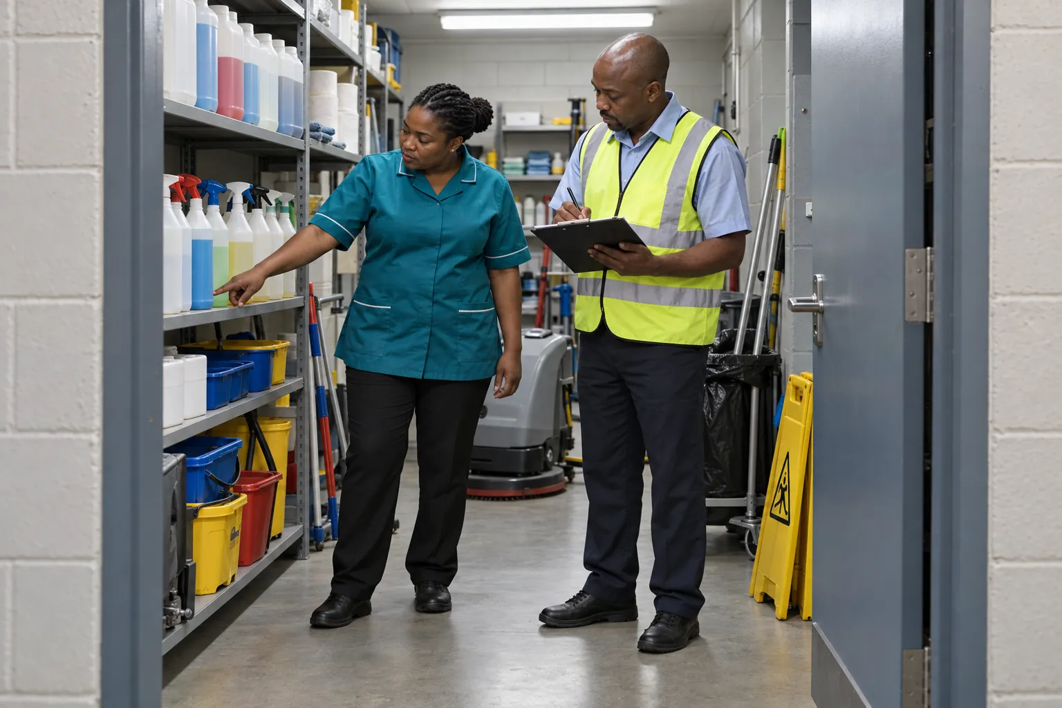 A cleaning supervisor pointing at a shelf of spray bottles in a chemical store while a facilities officer in a reflective vest makes notes on a clipboard.