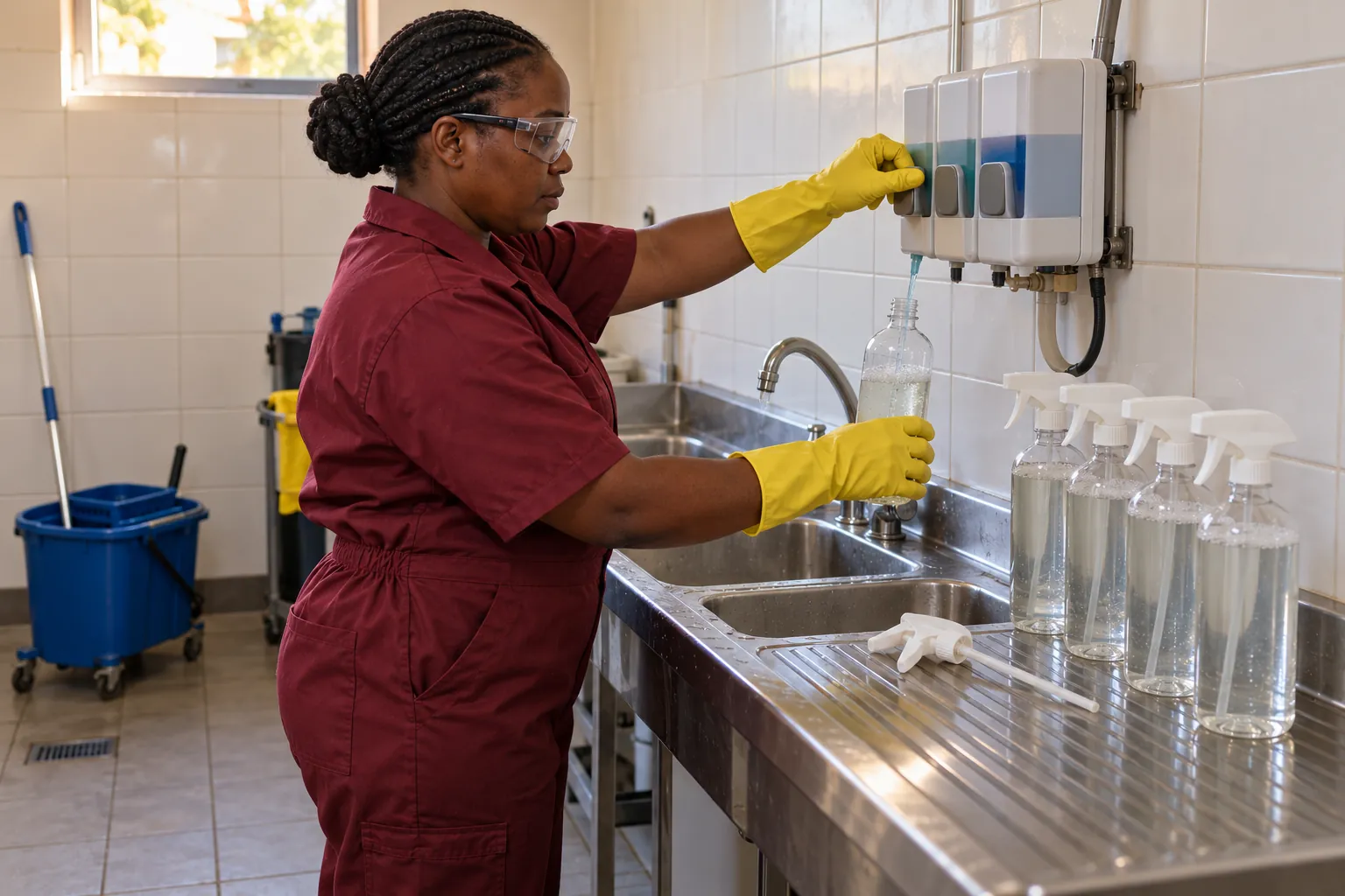 A cleaner wearing gloves and safety glasses filling a spray bottle from a wall-mounted dosing dispenser at a stainless-steel sink.