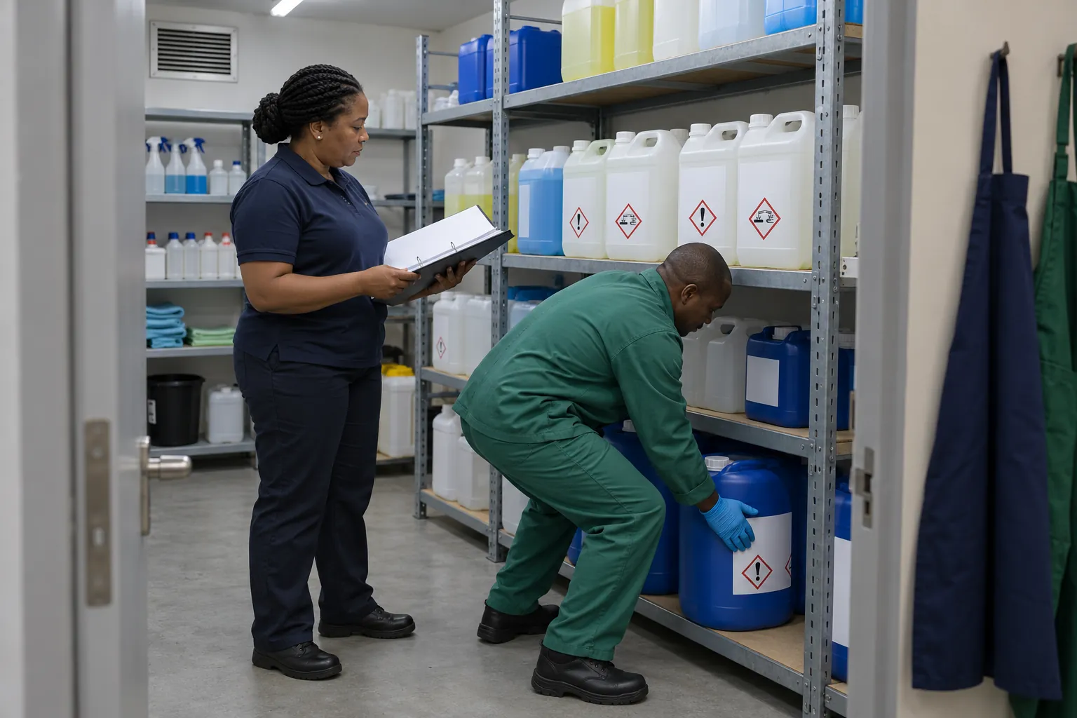 A cleaning supervisor with an open binder checking labelled containers on shelving in a chemical store while a colleague lifts a drum onto the bottom shelf.