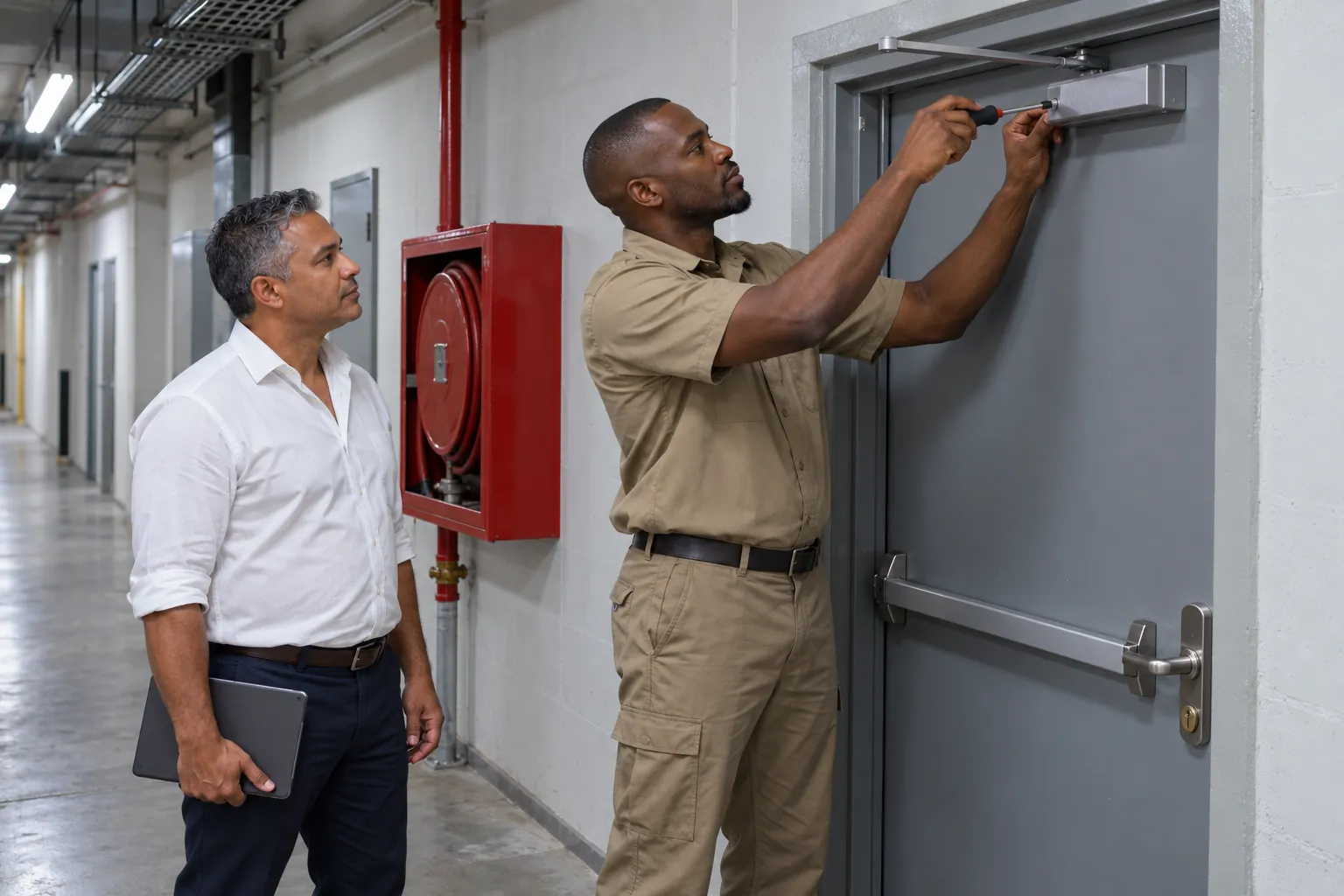 A technician adjusting a fire door closer in a shopping centre service corridor while a building manager watches.