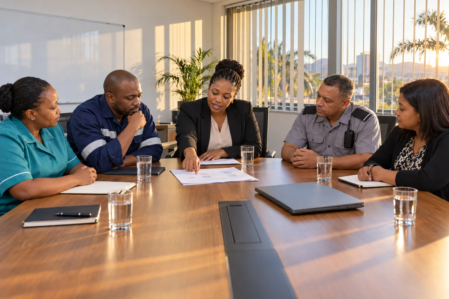 Five colleagues in office clothes, overalls and uniforms at a boardroom table during a safety committee meeting.