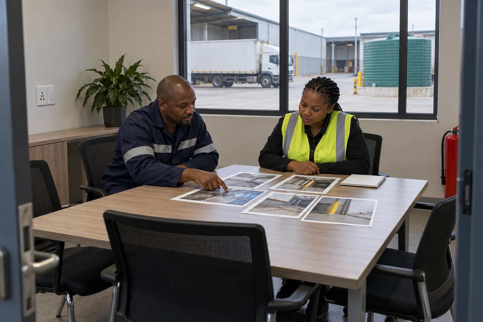 Two colleagues in work overalls and a hi-vis vest reviewing inspection photographs at a meeting-room table.