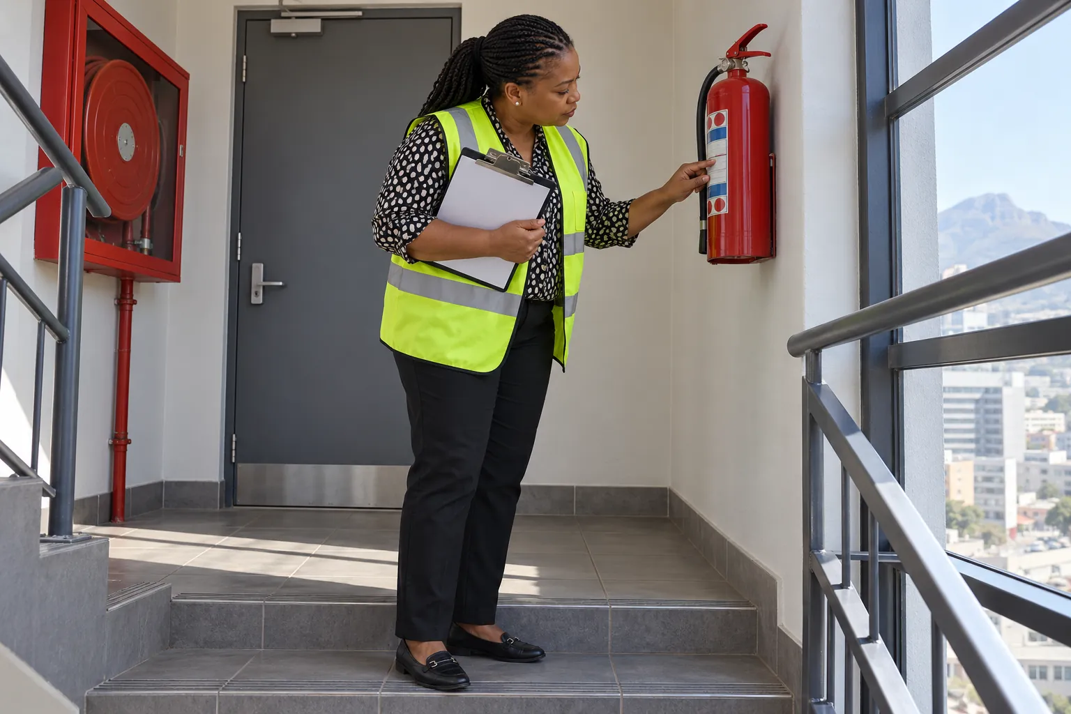 A health and safety representative in a reflective vest checking a fire extinguisher on an office stairwell landing.