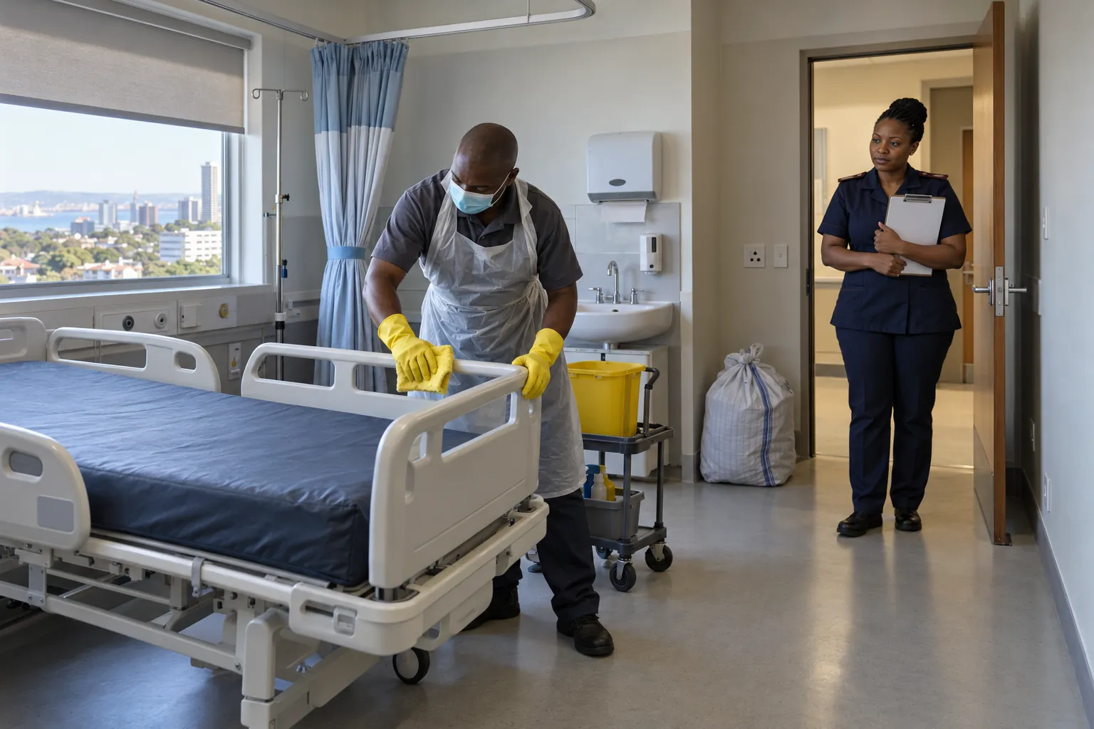 A cleaner in an apron, mask and yellow gloves wiping a bed rail in an empty isolation room while a nursing sister waits in the doorway with a clipboard.