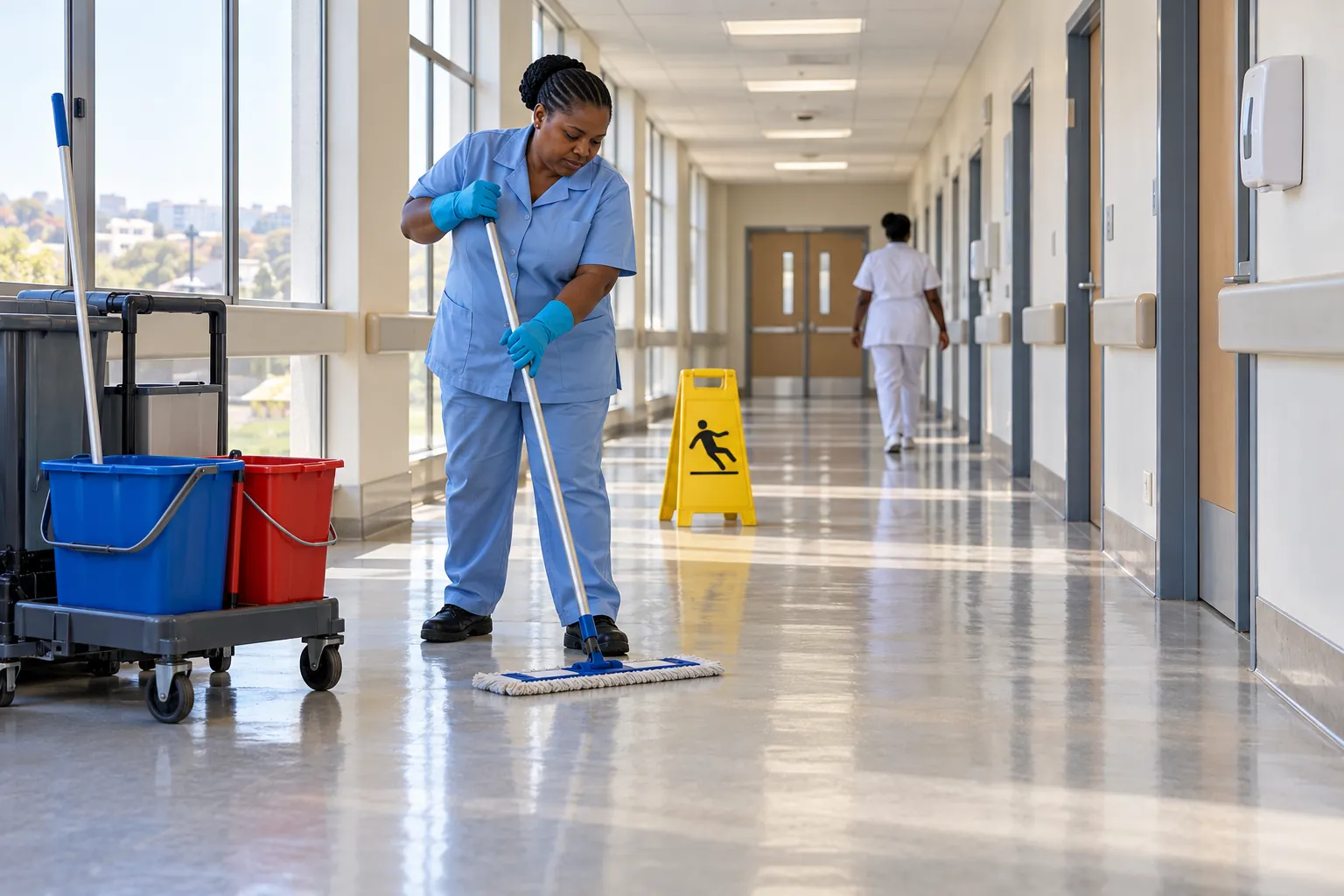 A hospital cleaner damp-mopping a ward corridor with a flat mop beside a trolley with blue and red buckets, a wet-floor sign behind her.