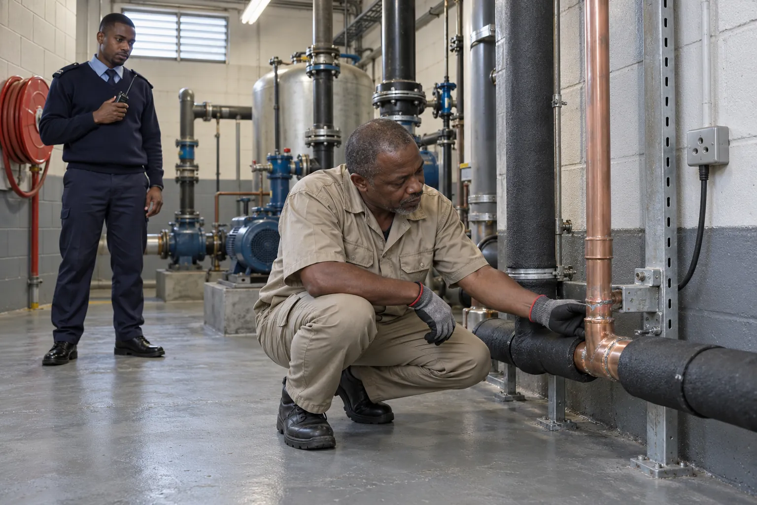 A maintenance technician checking a brazed copper pipe joint in a plant room while a security officer stands beside a fire hose reel.