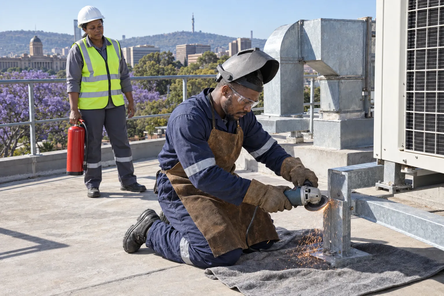 A boilermaker grinding a steel bracket on an office roof over a fire blanket while a colleague stands by with a fire extinguisher.