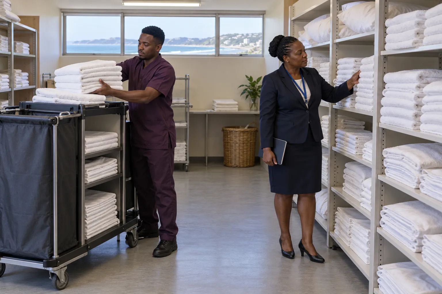 A floor supervisor checking stocked shelves of folded towels while a room attendant loads a housekeeping trolley in a hotel linen room.