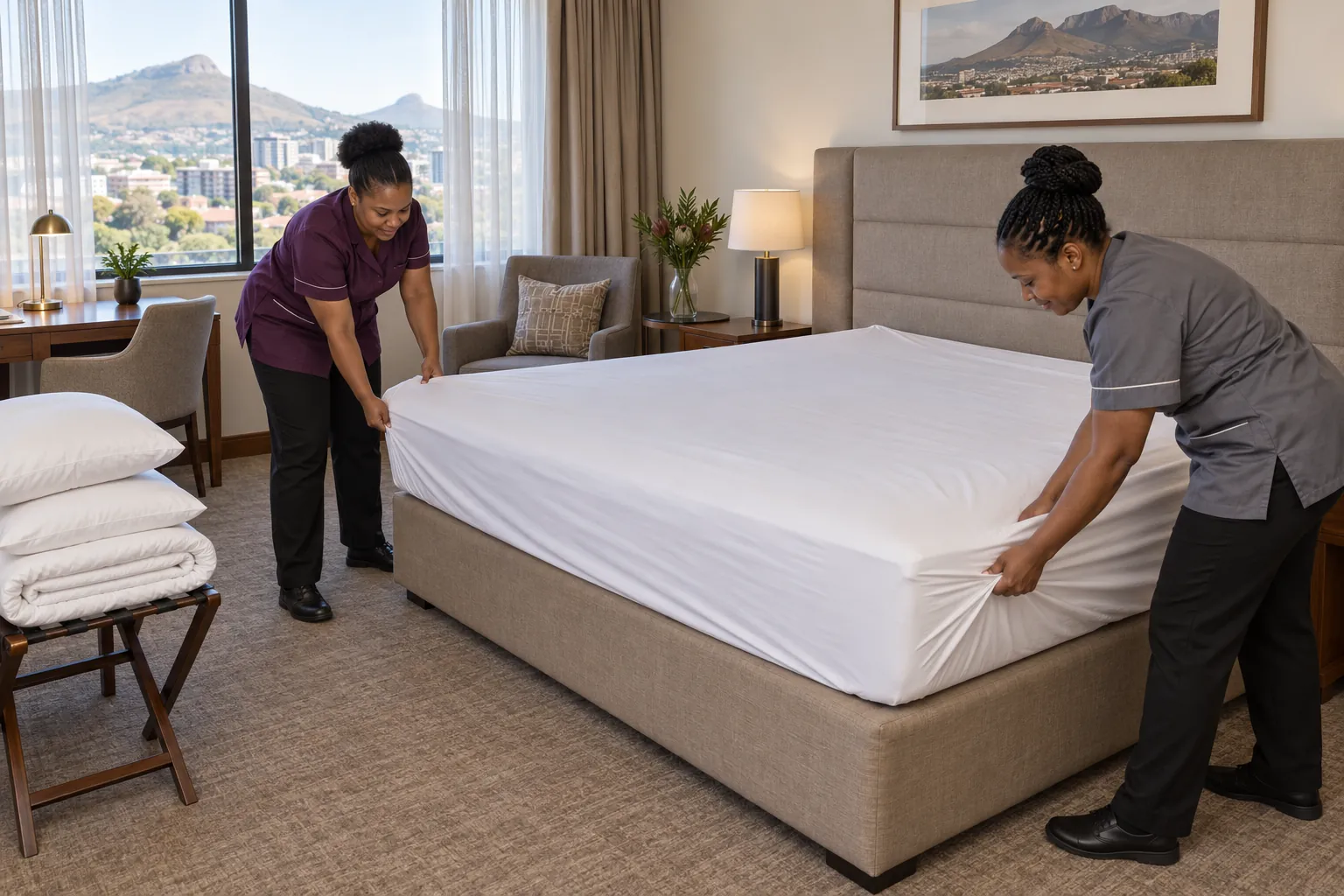 Two room attendants pulling a white fitted sheet tight on a double bed in a hotel bedroom by a sunny window.