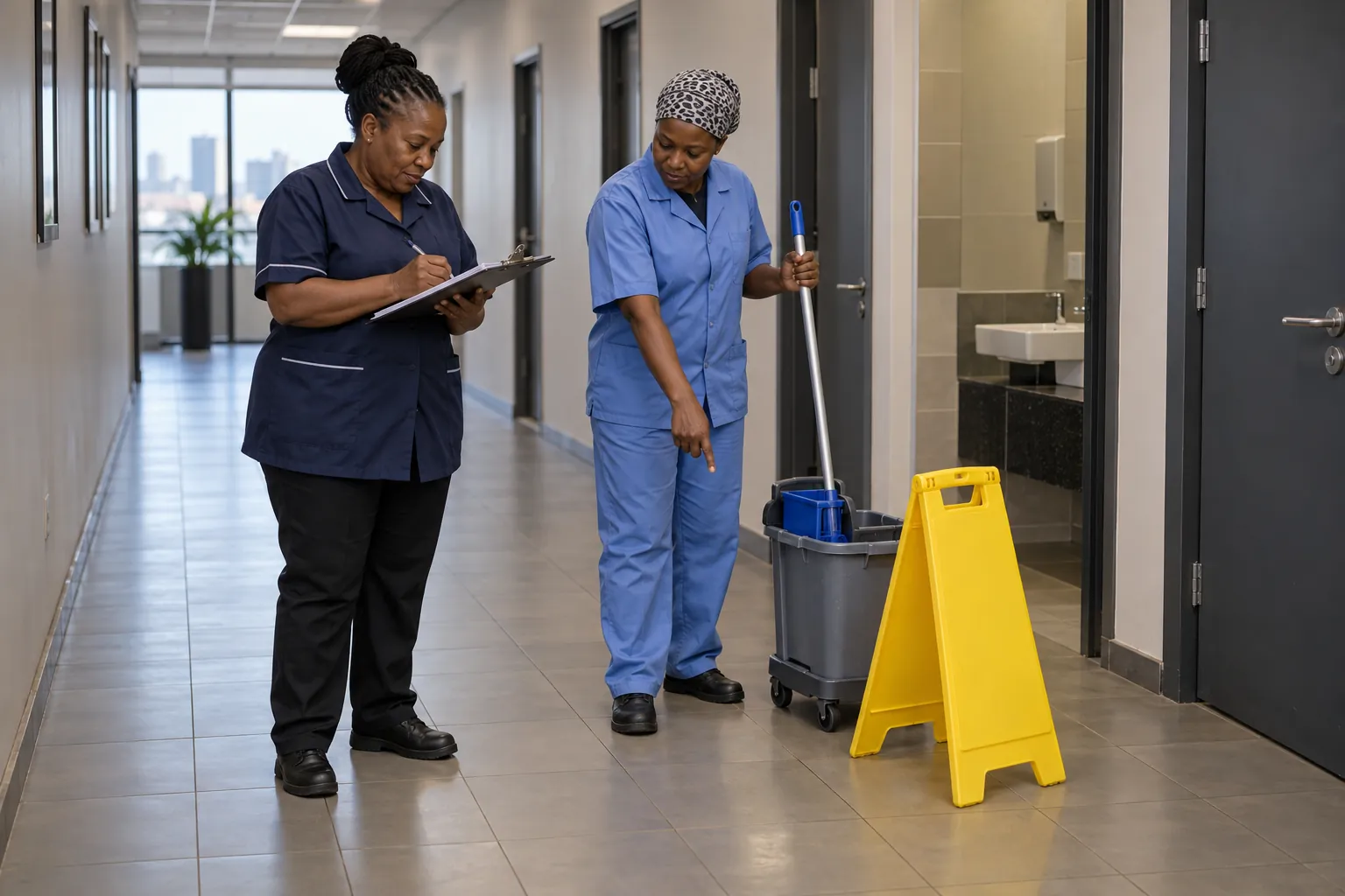 A cleaning supervisor writing on a clipboard while a cleaner points to a spot beside a wet-floor stand in an office corridor.