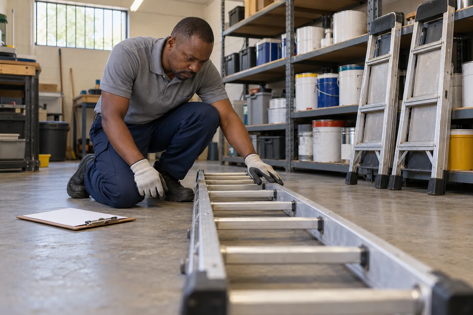 A maintenance supervisor kneeling beside an aluminium extension ladder on a store room floor, checking a rung.