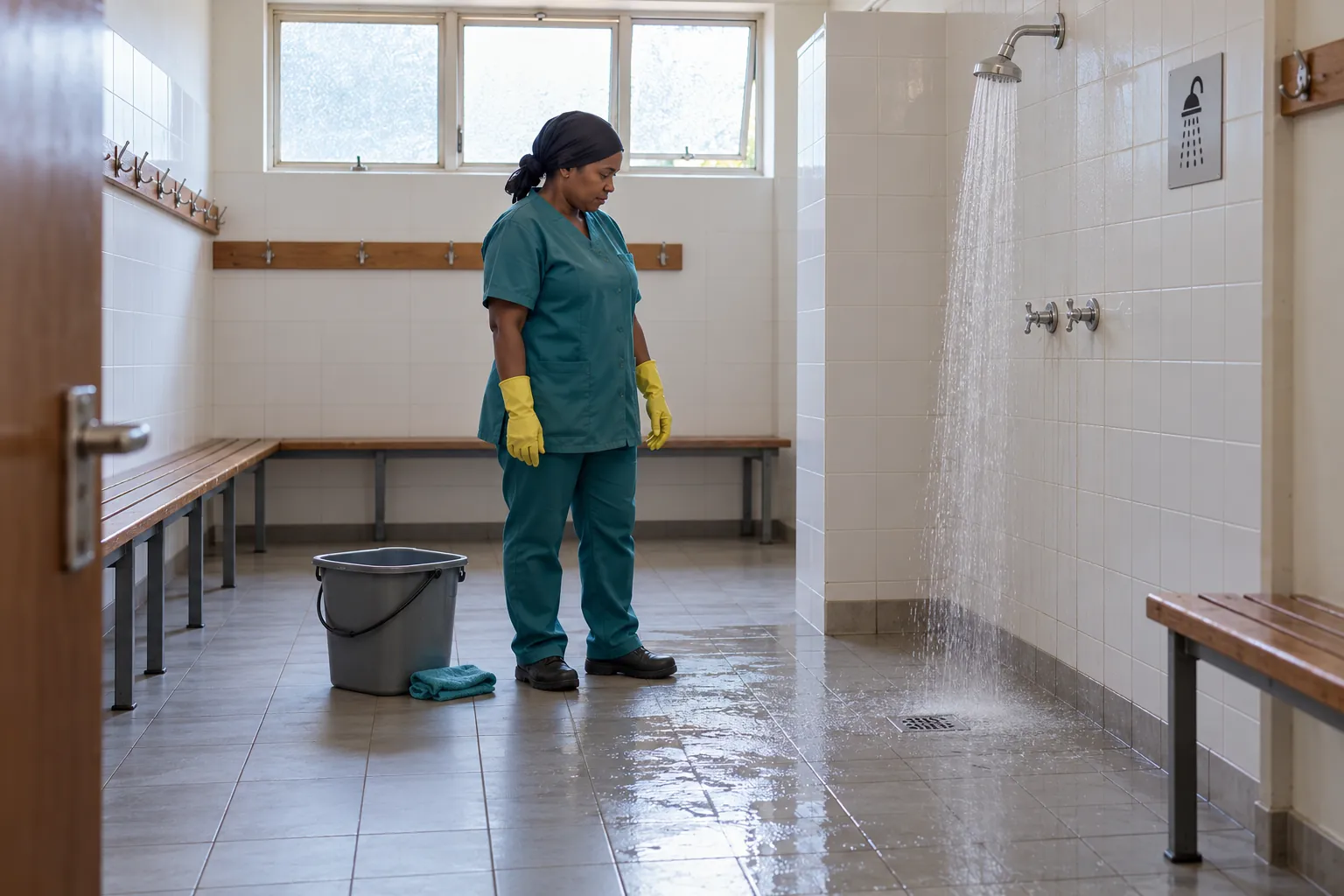 A cleaner running a little-used shower in an empty school change room.