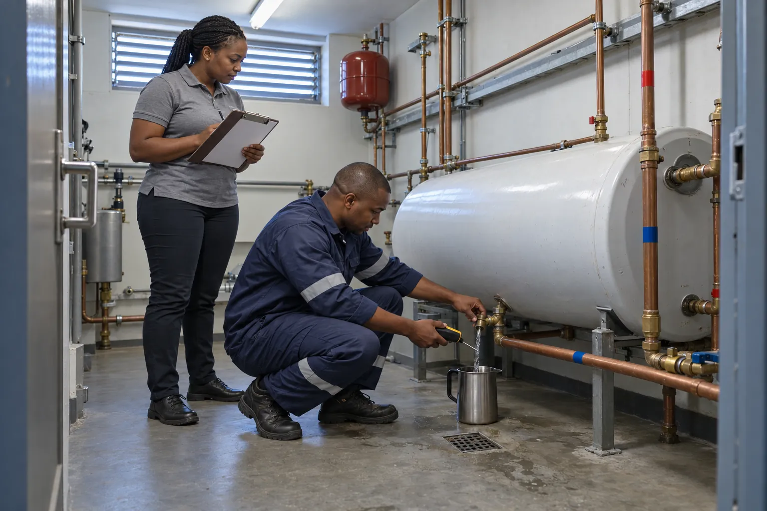 A maintenance technician taking the temperature of water from a geyser with a probe thermometer while a facilities officer watches in a plant room.