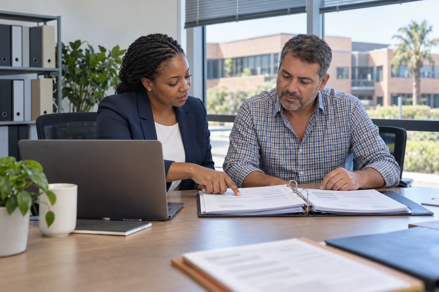 A portfolio manager and a trustee going through a binder of statements at a meeting table in an office.