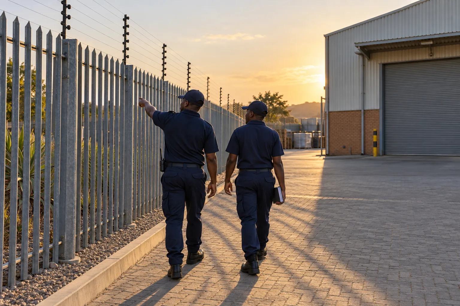 Two security officers walking the inside of a palisade fence around a warehouse yard in late-afternoon sun.