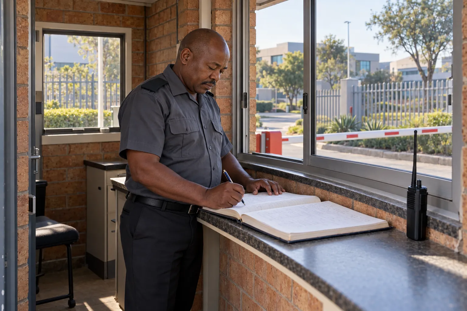 A security officer writing in a large ledger on the counter of a guardhouse beside a boom gate in morning light.