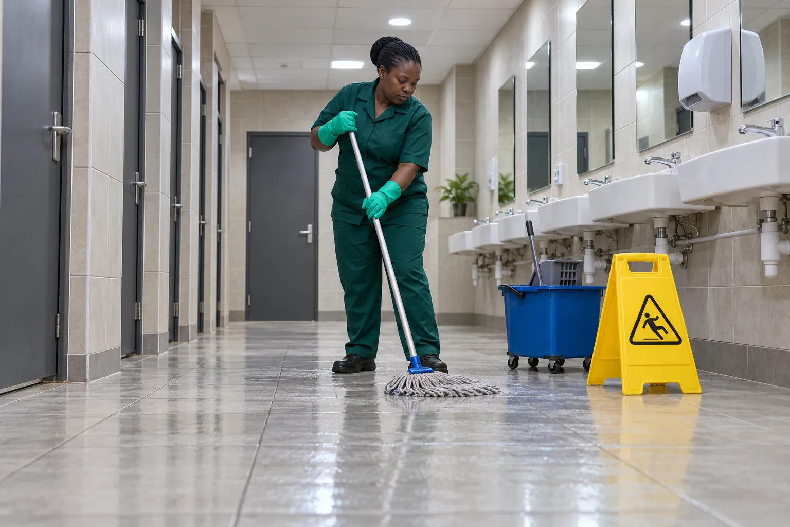 A cleaner in a green overall mopping the floor of a shopping centre ablution passage beside a caution stand.