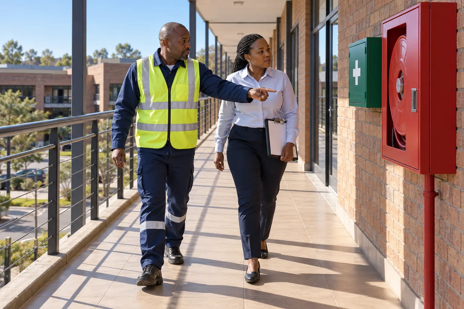 A site supervisor and a building manager checking a first aid box beside a fire hose reel on an office walkway.
