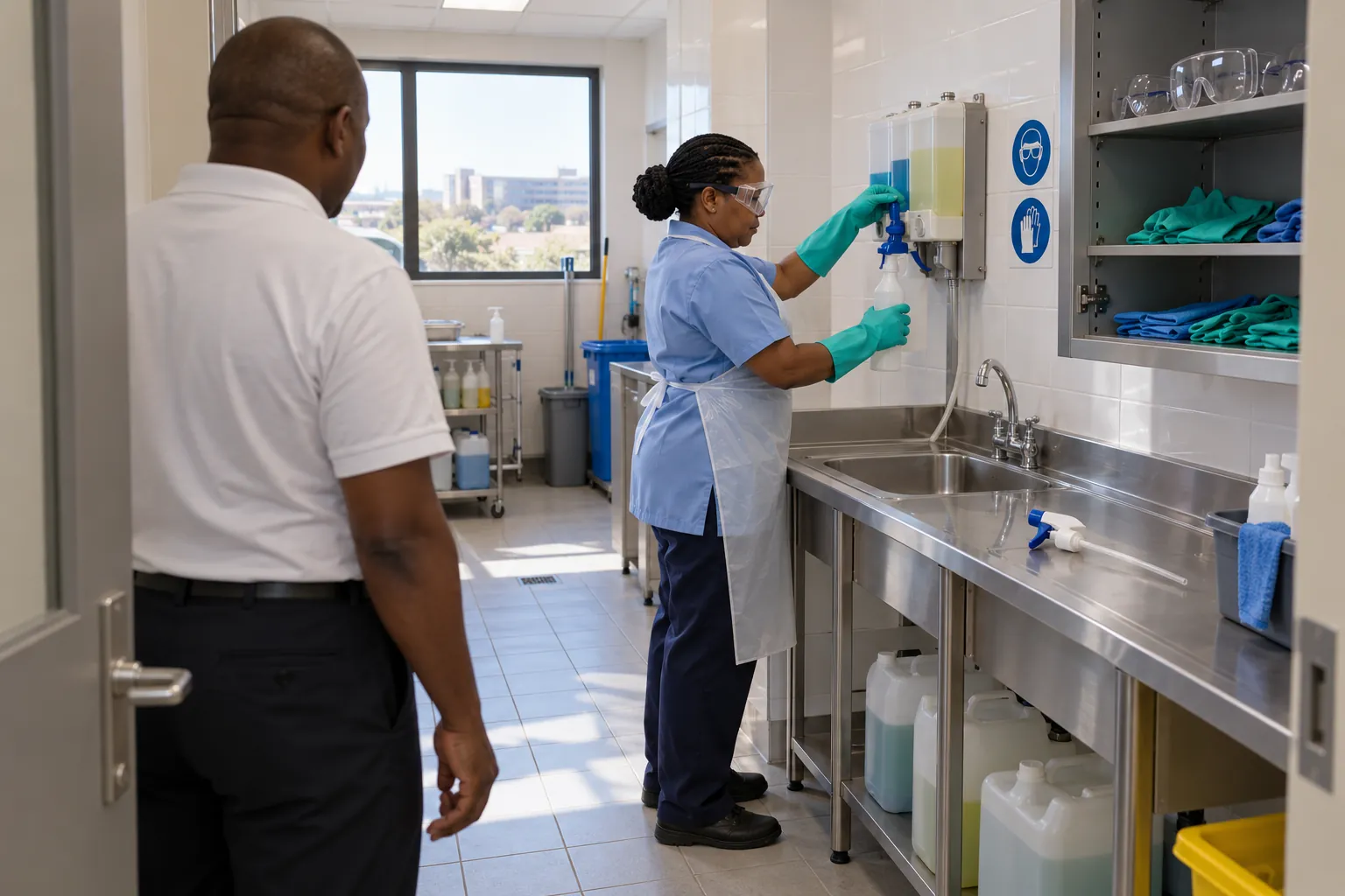 A supervisor at a doorway watching a cleaner in goggles, gloves and an apron fill a spray bottle at a wall dispenser.