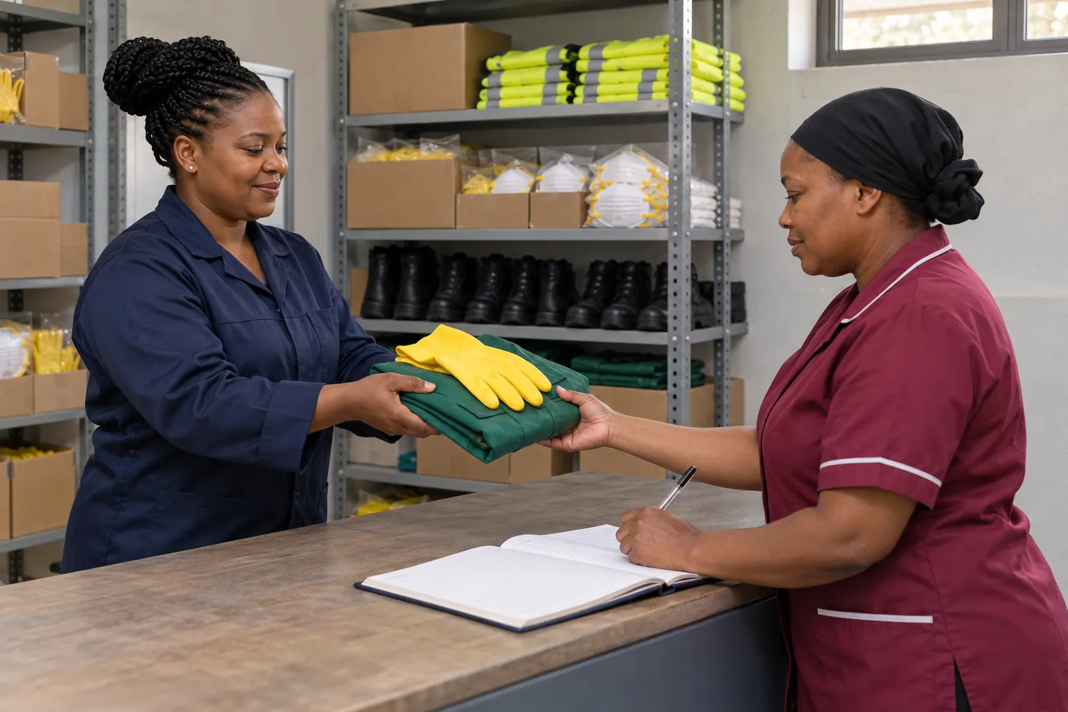 A storeman handing rubber gloves and overalls across a counter to a cleaner who is signing an issue book, with shelves of protective equipment behind.