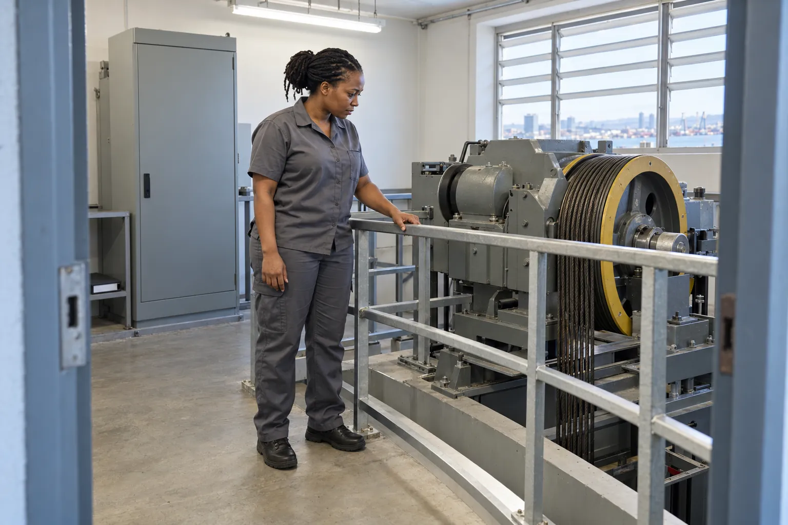 A lift technician inspecting the traction machine in a lift machine room with a controller cabinet behind her.