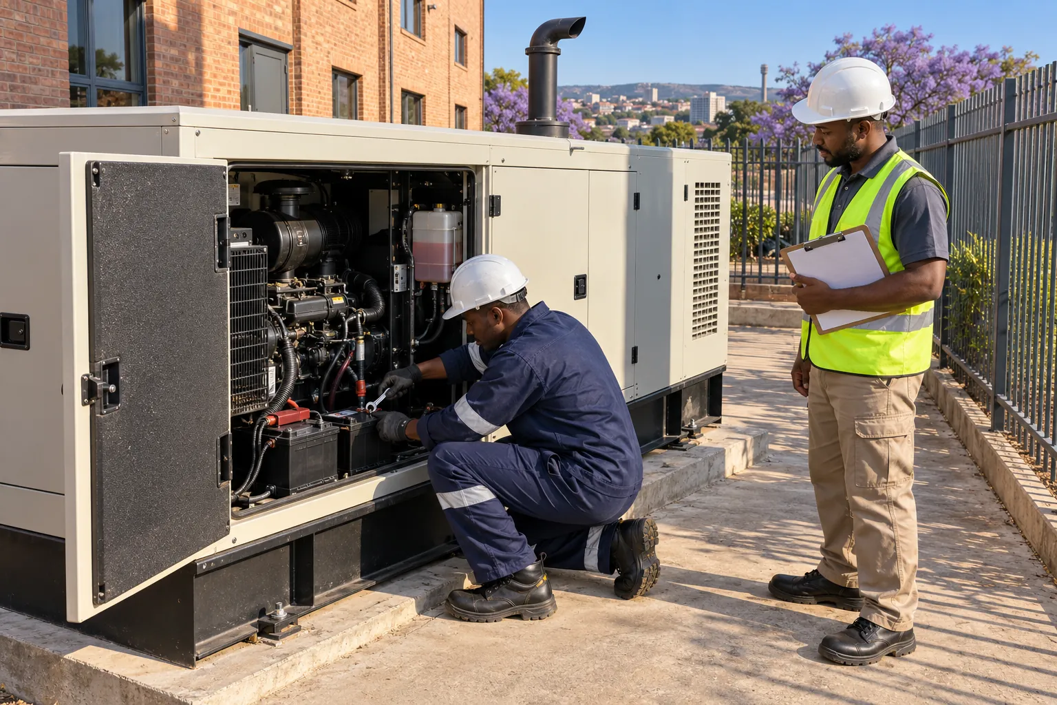 A technician checking the battery of a standby generator in a fenced yard behind an office block while a colleague holds a clipboard.