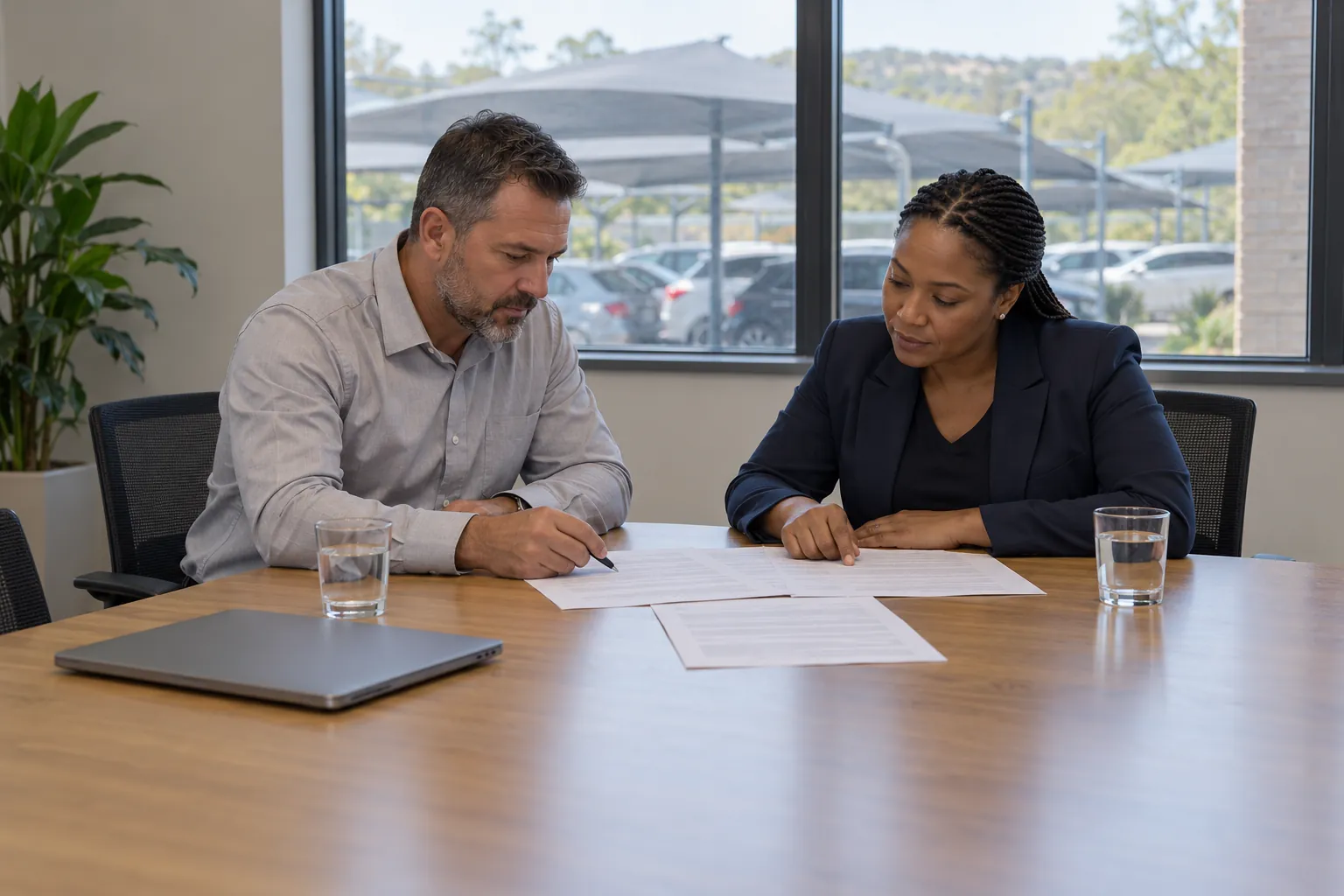 A security company manager and a facilities manager reviewing a printed contract together at a meeting room table.