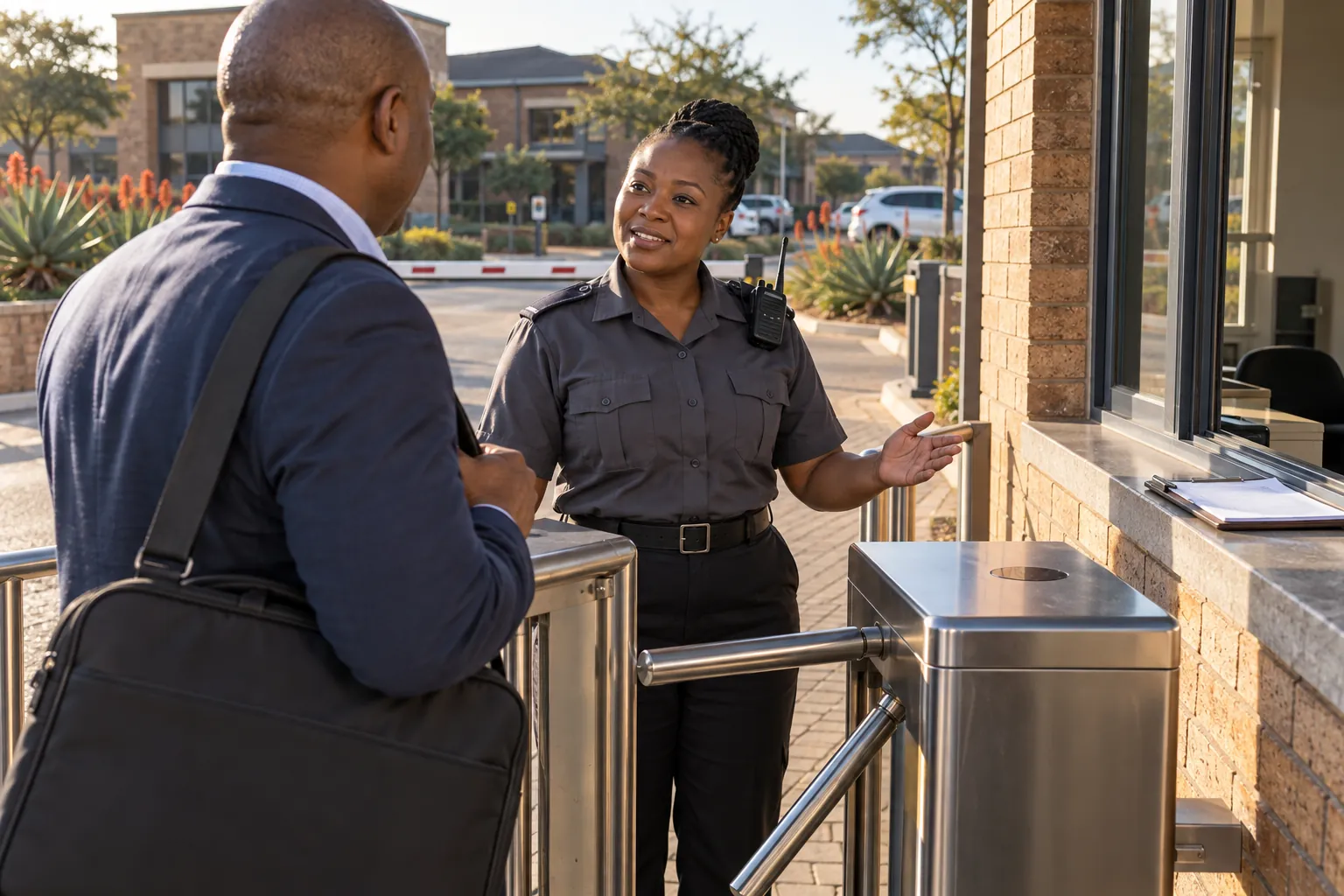 A uniformed security officer talking with a visitor at the pedestrian gate beside a guardhouse at an office park.