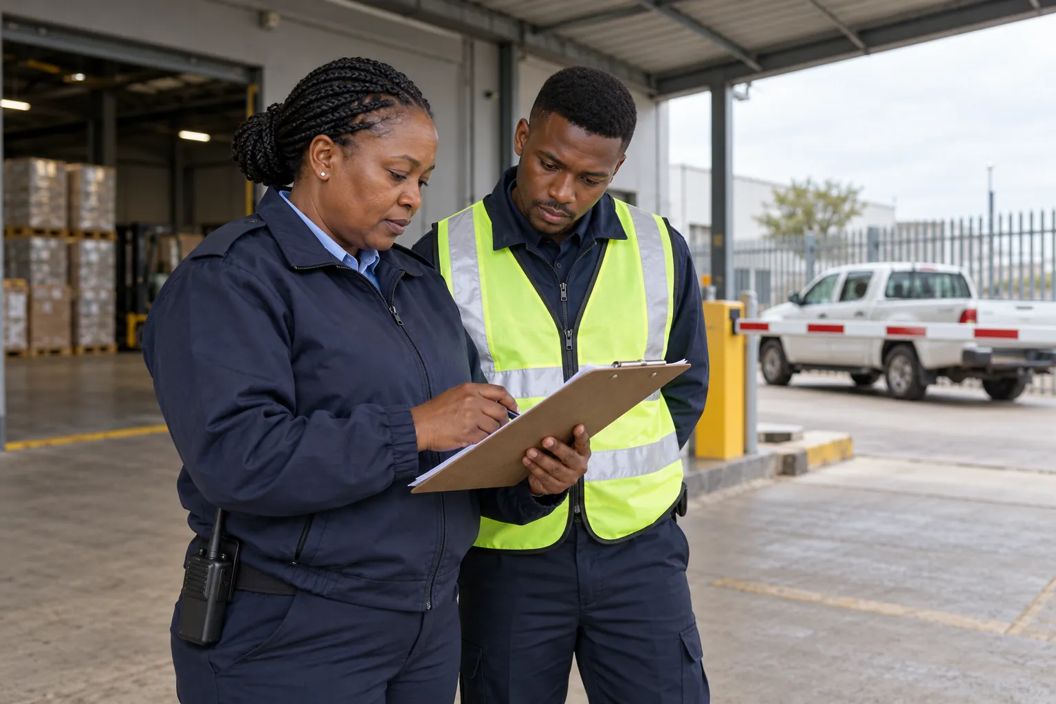 A security supervisor and an officer in a reflective vest reviewing a clipboard together at the goods entrance of a warehouse.