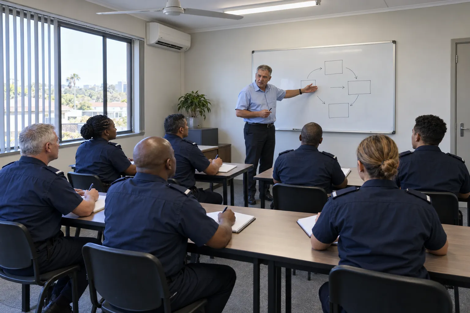 An instructor at a whiteboard teaching a class of uniformed security trainees seated at tables in a small training room.
