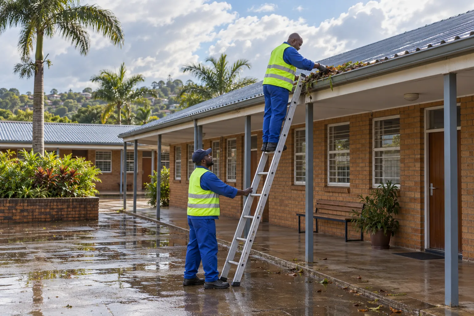A maintenance worker on a ladder clearing leaves from a school gutter after rain while a colleague holds the ladder.