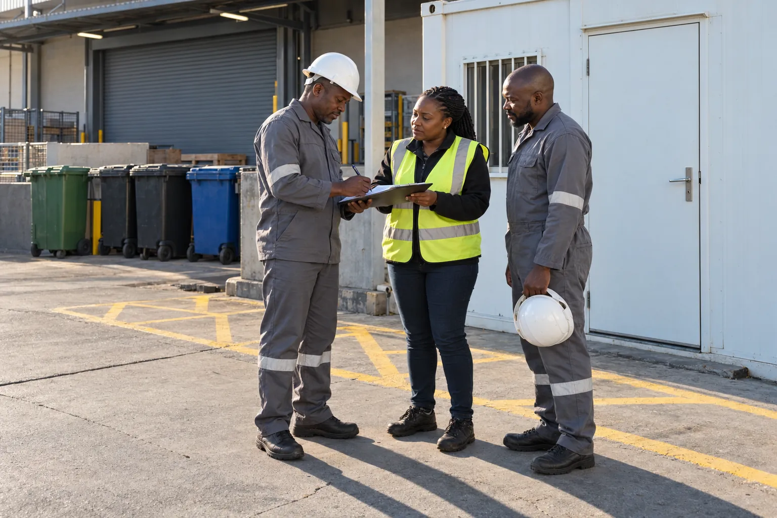 A safety officer giving two maintenance workers a site induction beside a site container office in a service yard.