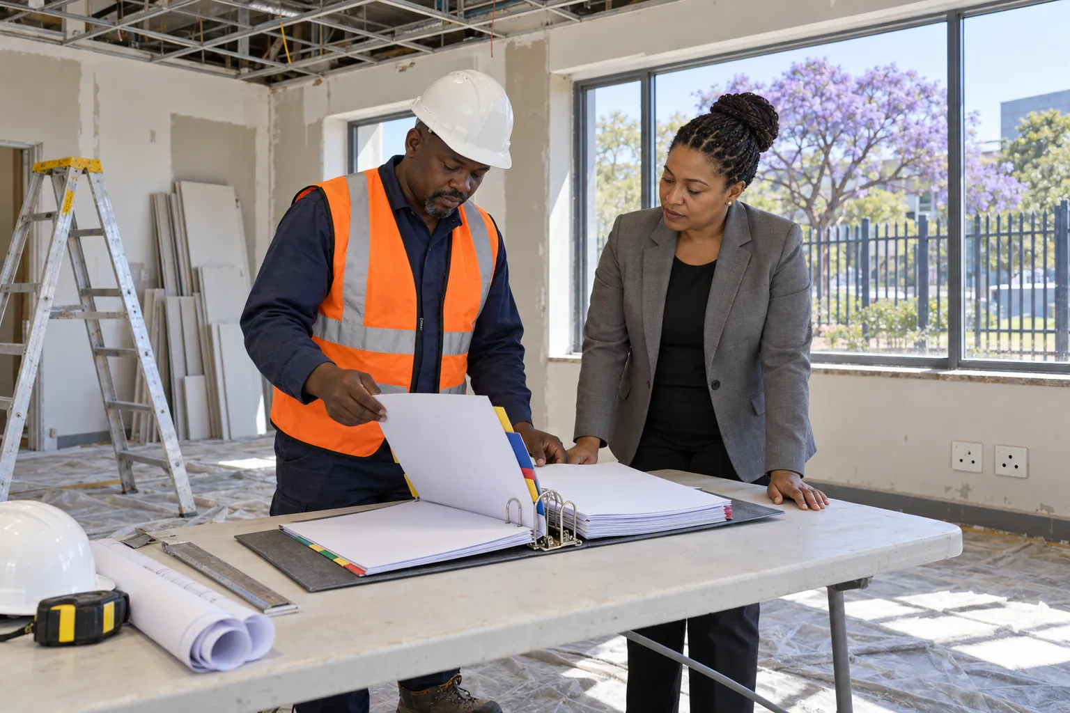 A site supervisor in a hard hat and vest going through a thick file with a facilities manager in an office being refurbished.