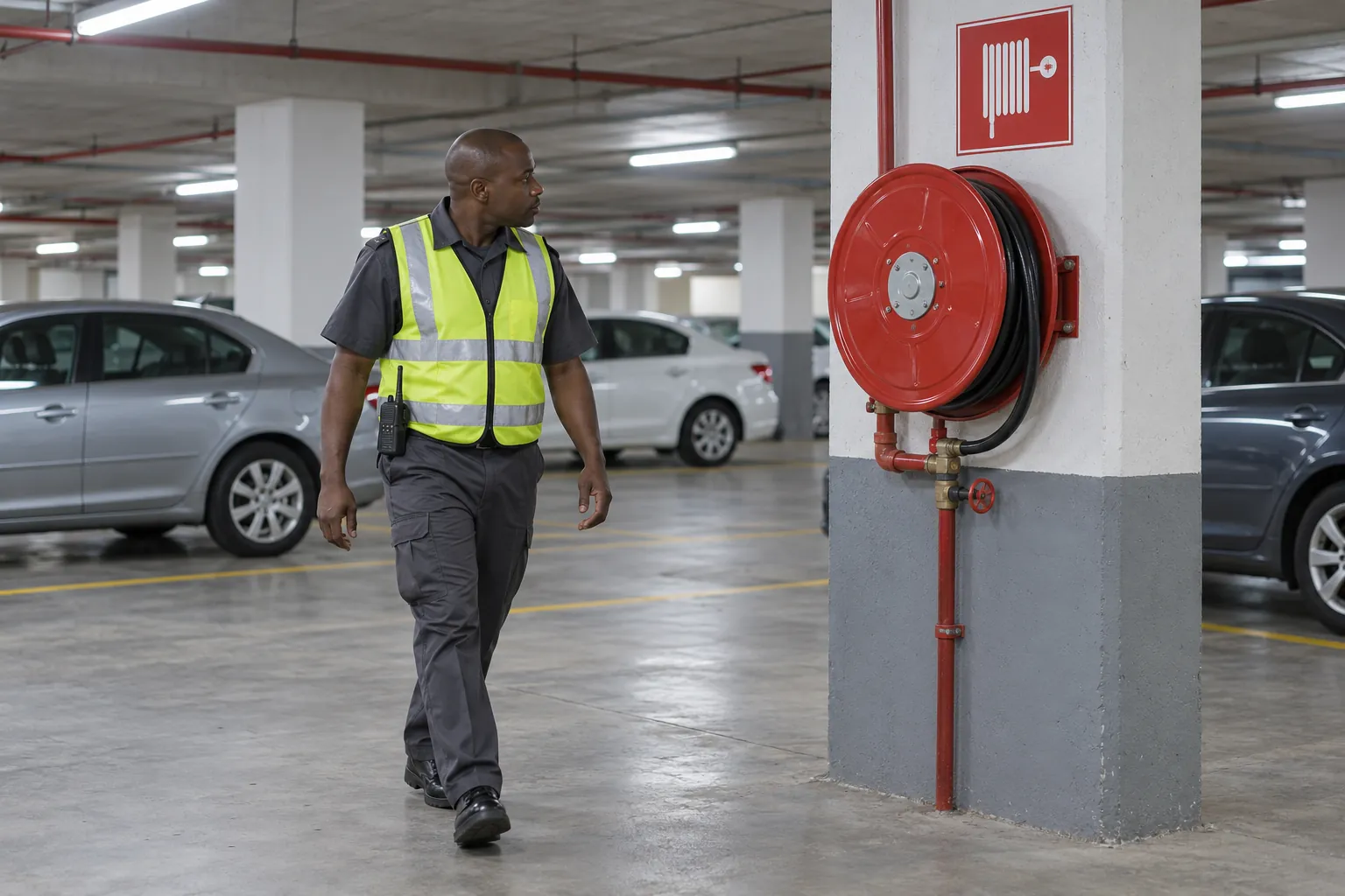A security officer on patrol walking past a fire hose reel and its sign on a basement parking level.
