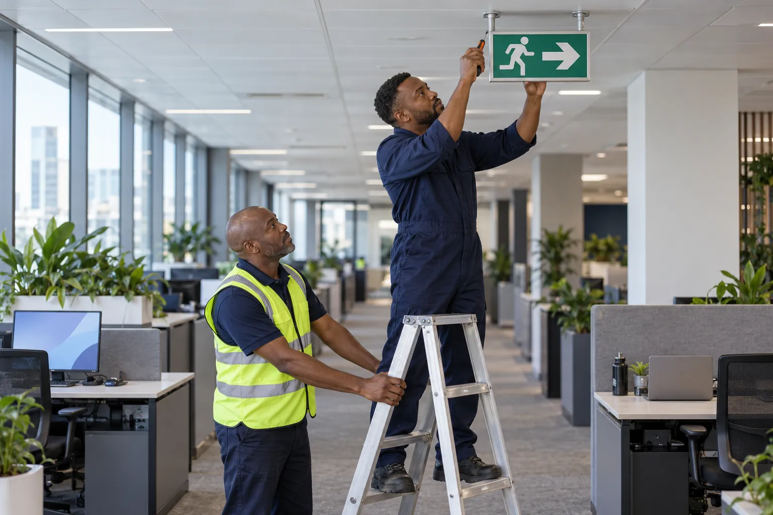 A technician on a step ladder fixing a green exit-direction sign to the ceiling of an office corridor while a facilities officer steadies the ladder.