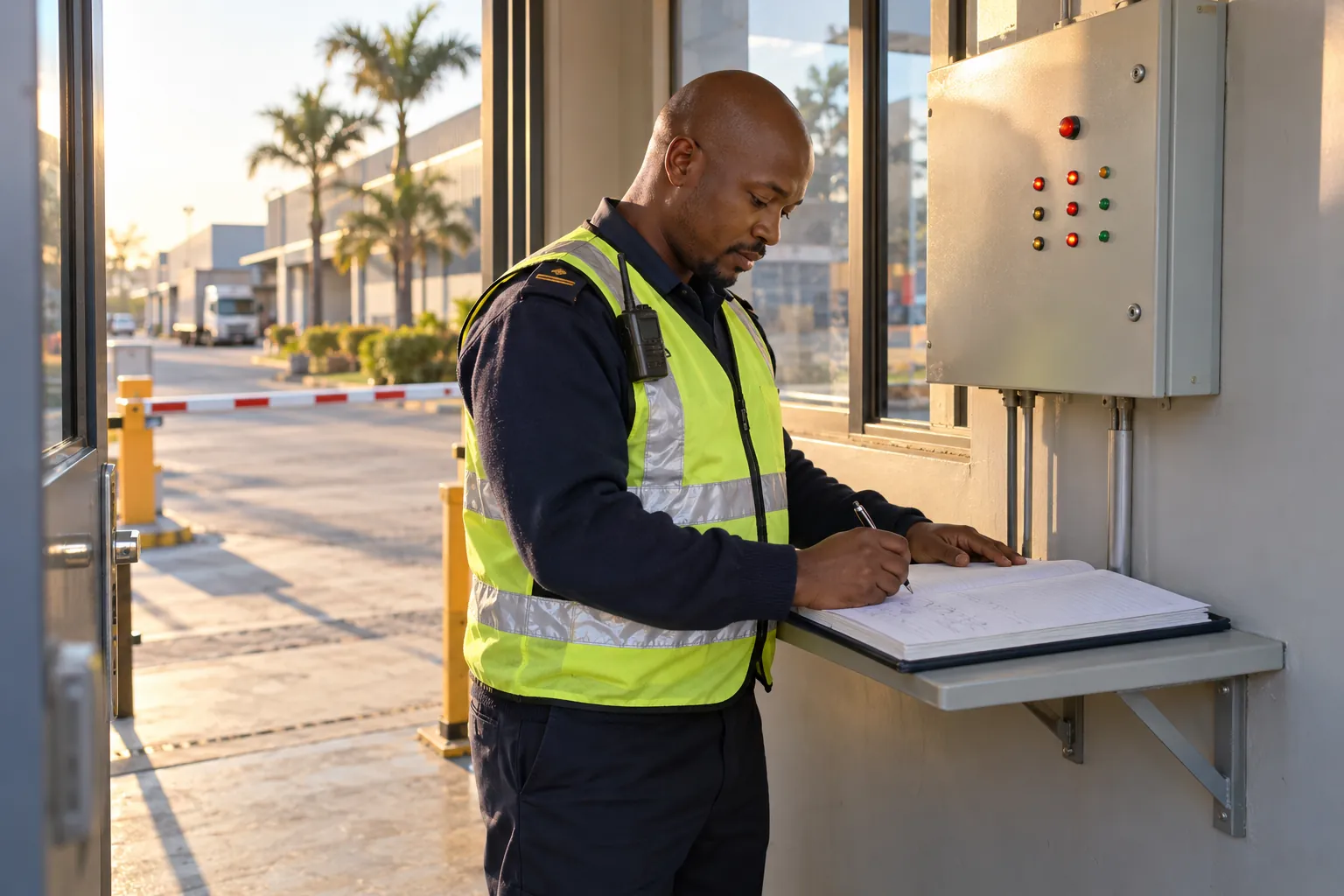 A security officer in a guardhouse writing in a log book under a fire alarm panel.