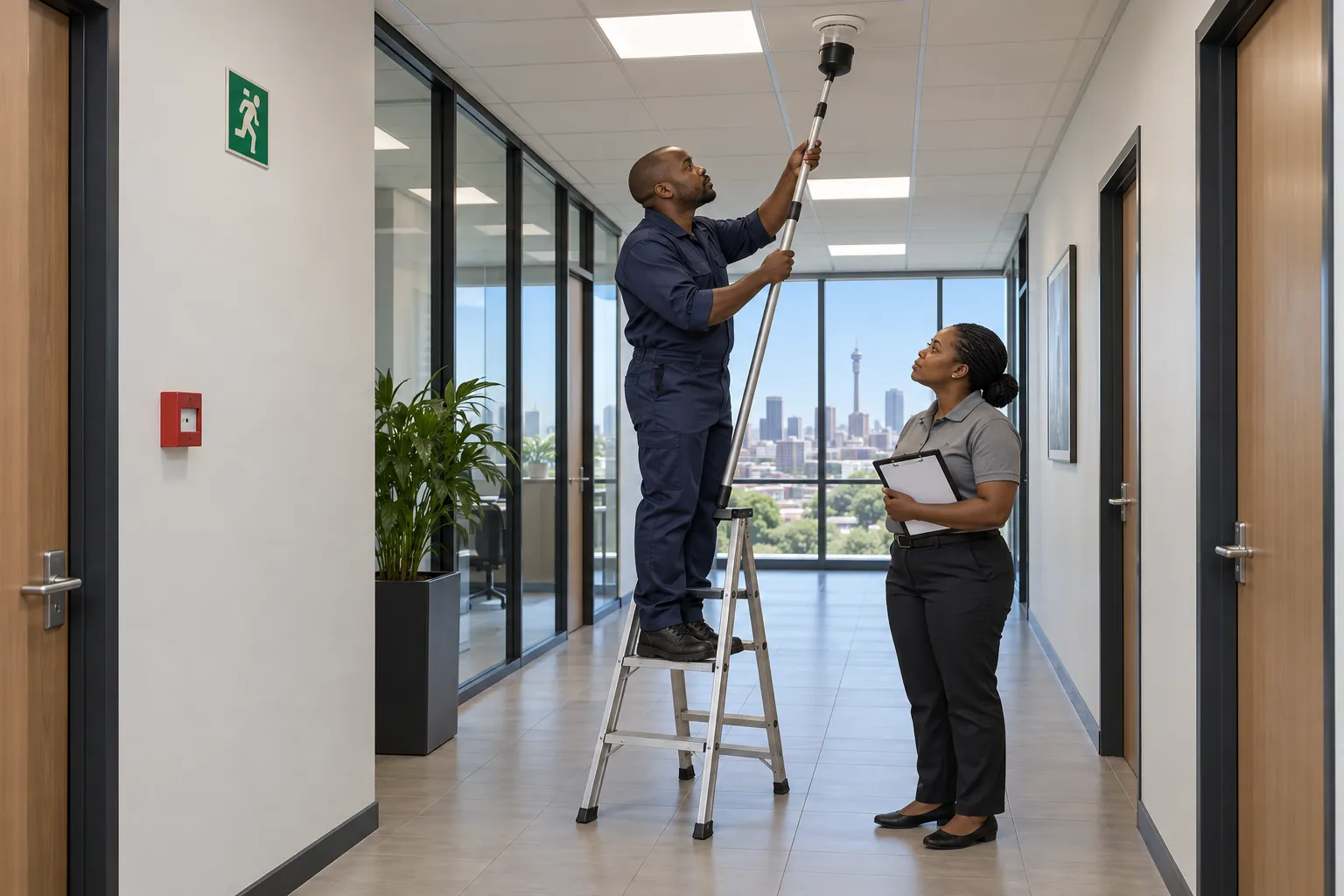 A fire detection technician on a stepladder testing a ceiling smoke detector with a tester pole while a facilities officer watches.