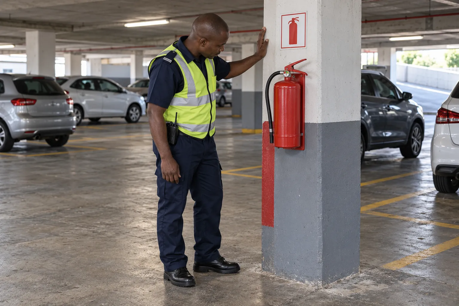 A security officer on patrol in a basement car park checking a fire extinguisher mounted on a concrete pillar.
