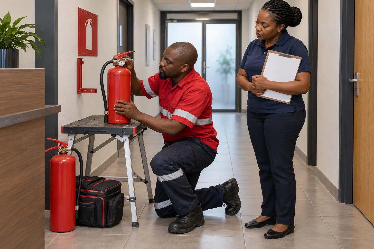 A fire equipment technician checking an extinguisher's pressure gauge in an office service passage while a facilities officer watches.