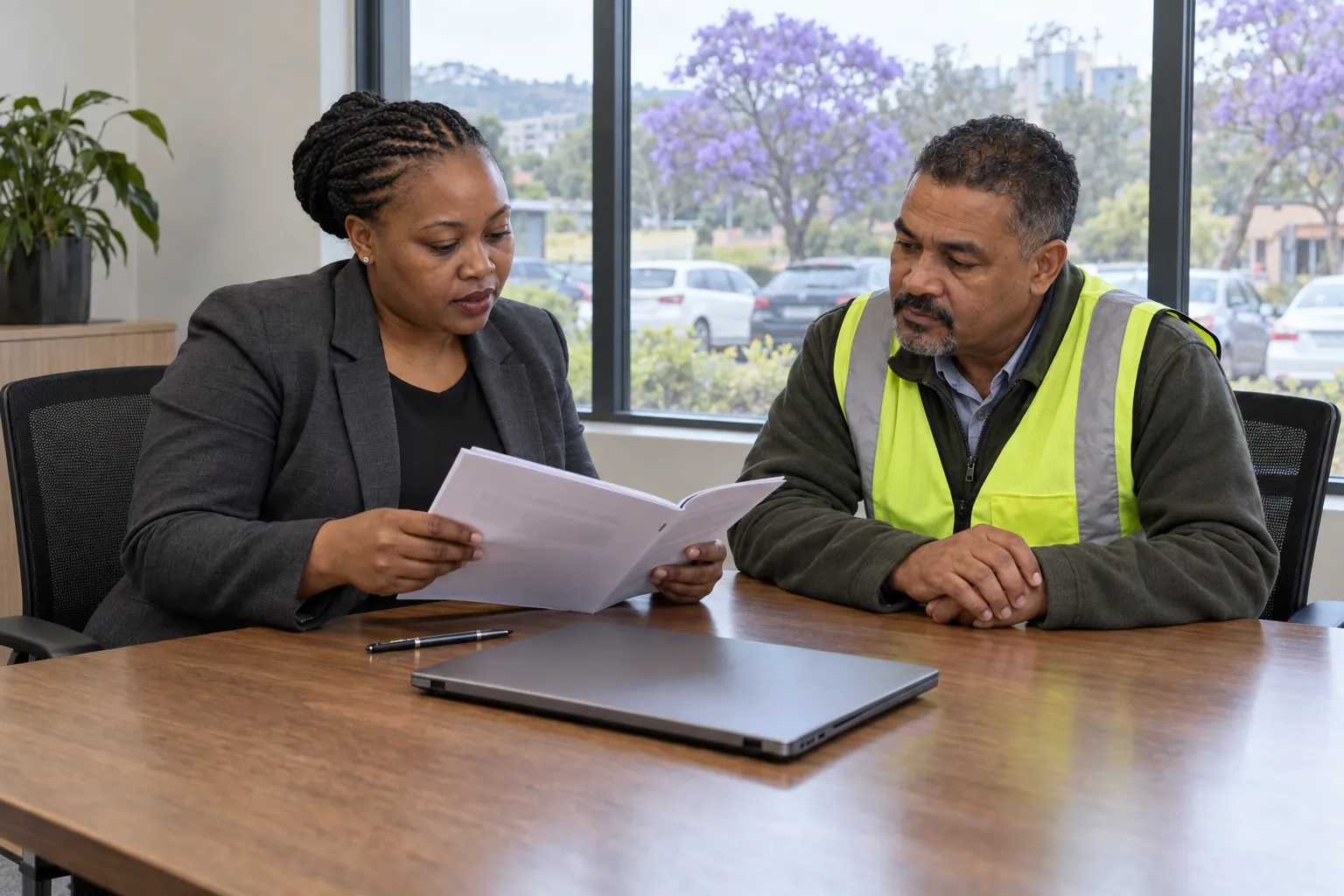 A general manager and a facilities manager at a meeting-room table going through a short document together.
