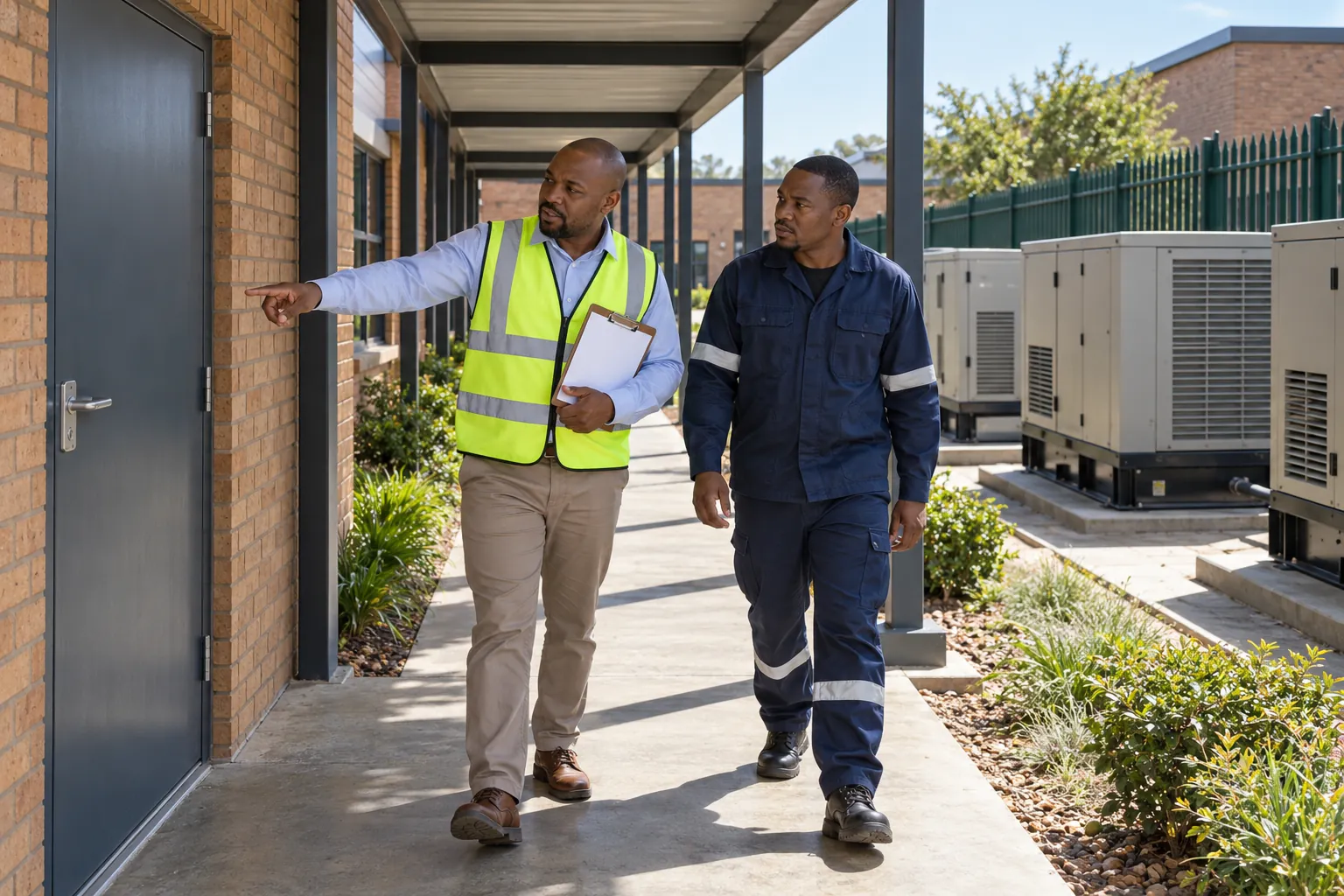 A facilities manager and a site supervisor walking a covered walkway on a business park, the manager pointing towards a plant room door.