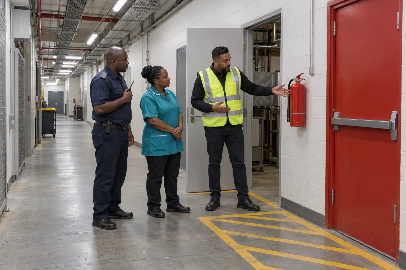 A supervisor in a hi-vis vest showing a security officer and a cleaner the fire extinguisher and escape door in a service corridor.