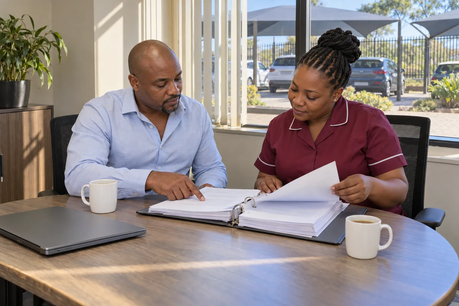 A facilities manager and a cleaning supervisor reading through a contract file together at a meeting table in a site office.