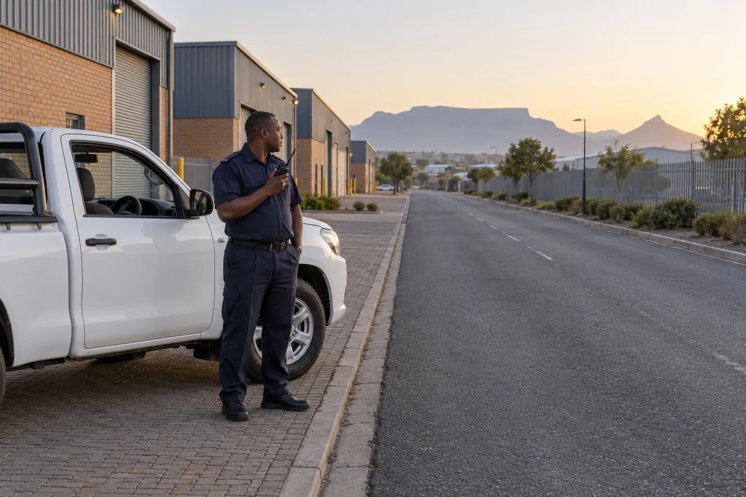 A security officer driving a white bakkie slowly along the road of an industrial estate in early morning light.