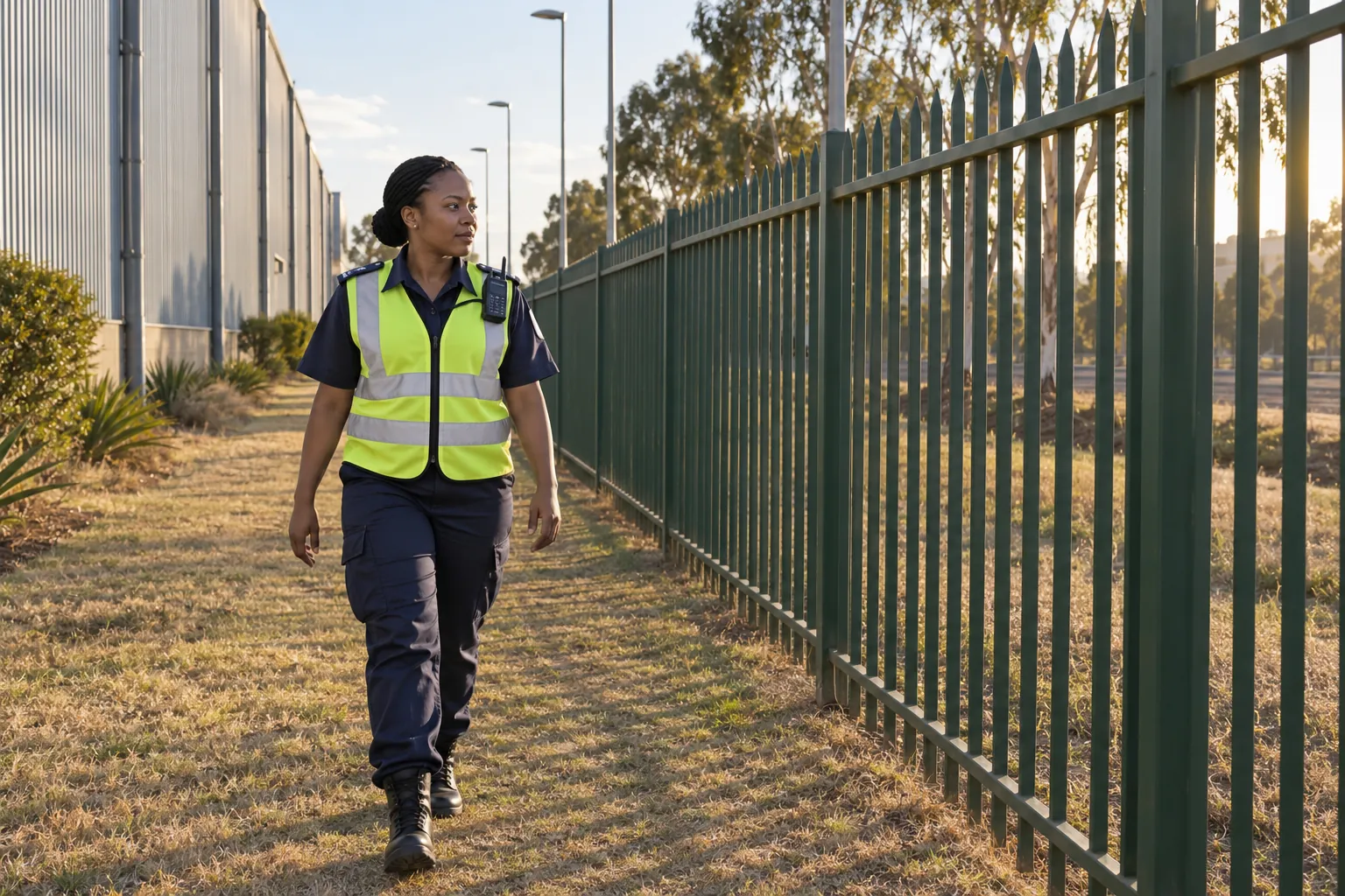 A security officer in a navy uniform and reflective vest walking along the inside of a palisade fence beside a warehouse in late-afternoon sun.
