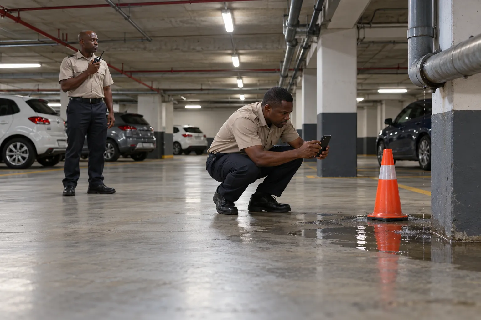 A security officer photographing a small puddle beside a traffic cone in a basement parkade while a colleague waits with a radio.