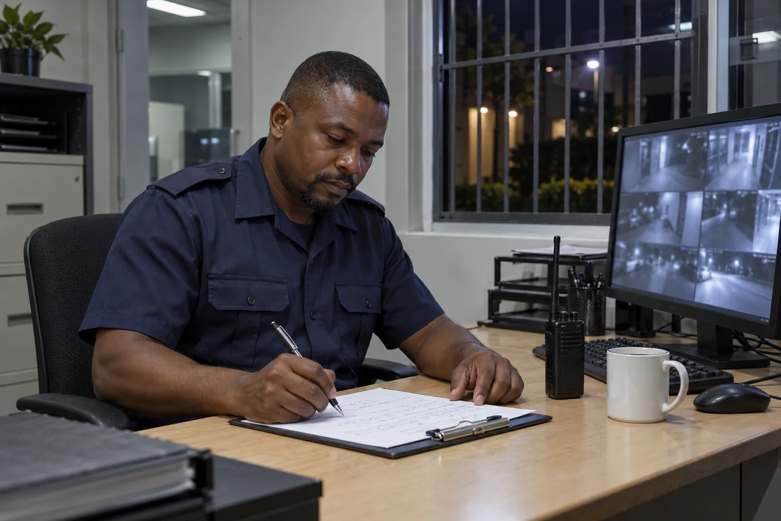 A security officer writing a report at a desk beside a monitor of camera views in a security office at night.