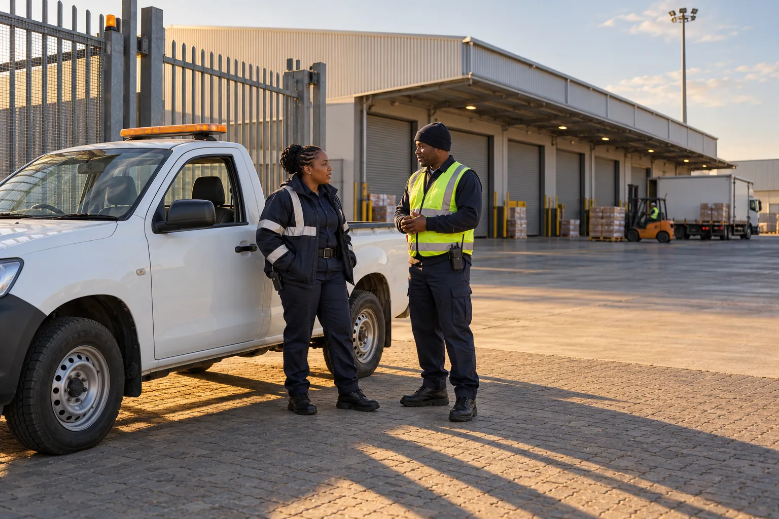 A mobile security supervisor beside a white bakkie talks with a security officer at the side gate of a warehouse in late-afternoon light.
