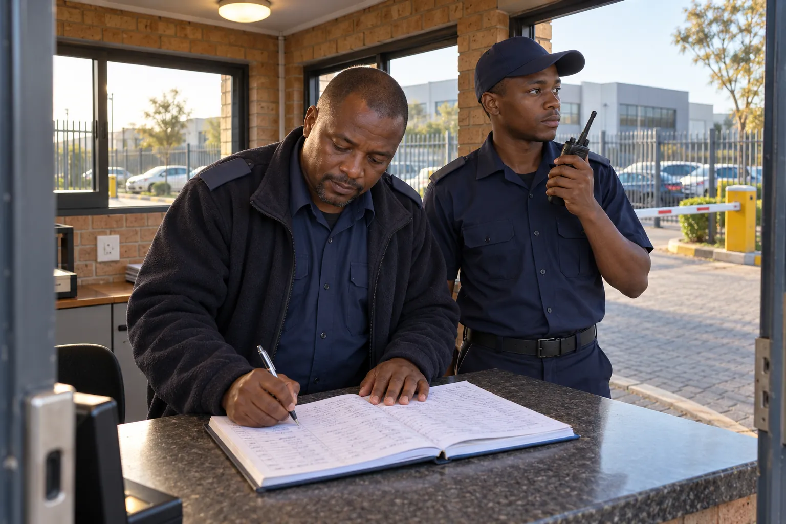 A security supervisor signs the occurrence book on the counter of a guardhouse while the officer on post stands beside him with a radio.
